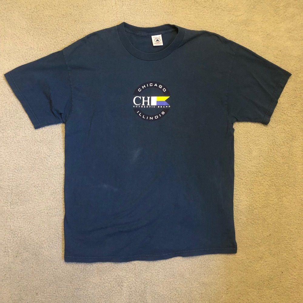 Vtg Y2K Chicago Illinois Authentic‎ Brand Delta T-Shirt Navy Blue Mens XL